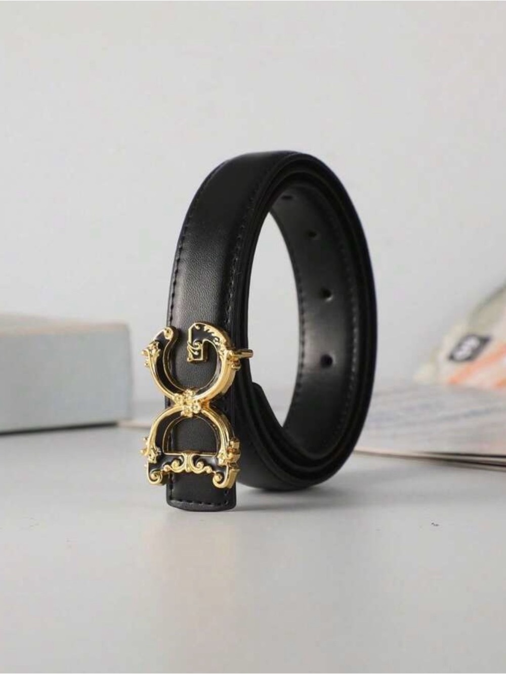 New Women's Black Leather Belt with Decorative Gold Buckle size 110CM or XL